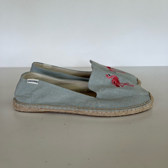Soludos Flamingos Embroidered Espadrille Smoking Slipper, Light Blue, 9 - Picture 3 of 12